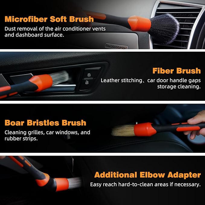 TOWBRUS 10PCS Car Interior Detailing Brush Kit, Horse Hair and Boar Bristle Brush Set with Elbow Adapter, Microfiber Wax Applicator Pads, Drying Towel and Cleaning Gel