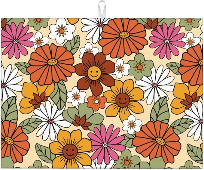 Boho Flowers Dish Drying Mat for Kitchen Counter,Retro 70s Groovy Daisy Dish Mat Microfiber Drying Pad Dish Drainer Mats for Countertop Coffee Bar 18x24 Inch