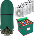 SATINIOR 6 Pcs Upright Christmas Tree Storage Bag Set 5 Ft Christmas Tree Storage Bag 26" Xmas Wreath Containers 11.8" Ornament Bags with Dividers Hold 64 Balls for Artificial Trees Garland(Green)