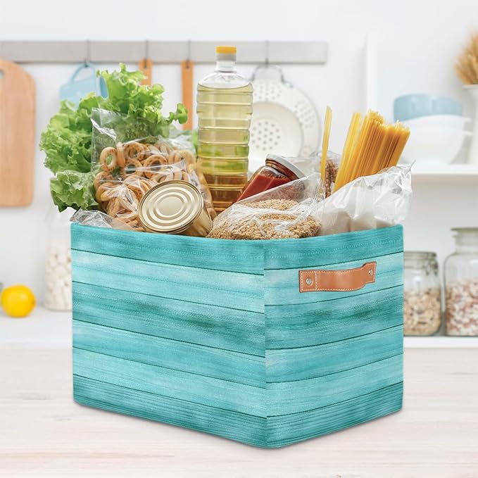 Watercolor Wooden Storage Basket for Shelves, Storage Bins with Handles, Collapsible Basket for Organizing, Closet Toy Baskets for Nursery Room, 15x11x9.5 in, Canvas, Mint Green