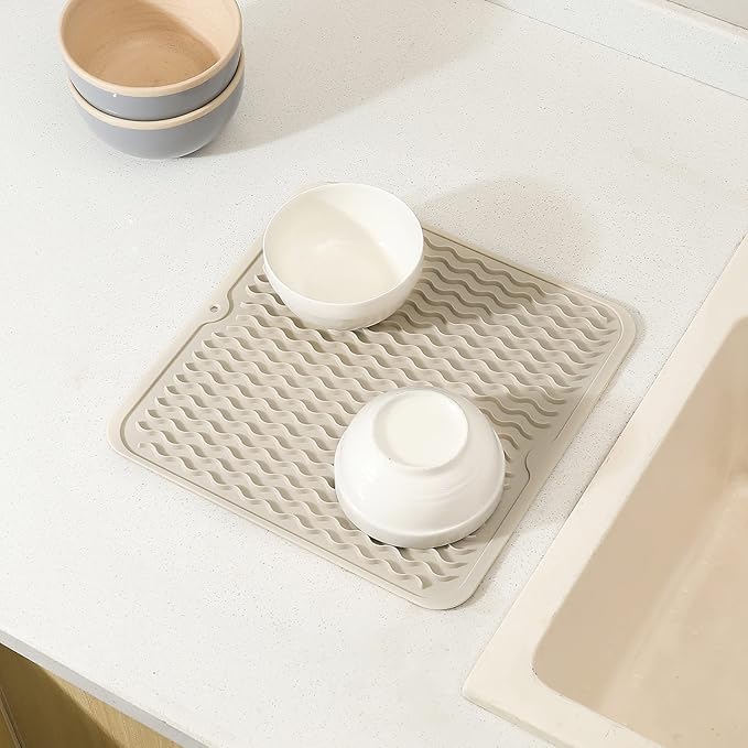 MicoYang Silicone Dish Drying Mat for Multiple Usage,Easy clean,Eco-friendly,Heat-resistant Silicone Mat for Kitchen Counter or Sink,Refrigerator or Drawer liner Tapioca M 12 inches x 12 inches
