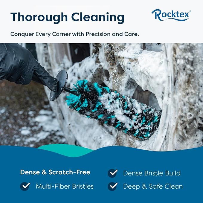Rocktex Wheel Brush Set – 3 Sizes Multi-Fiber Blend, Non-Scratch Design for Car & Motorcycle Rims, Spokes, Barrels, Brake Dust, Tight Gaps, Eco-Friendly Clean
