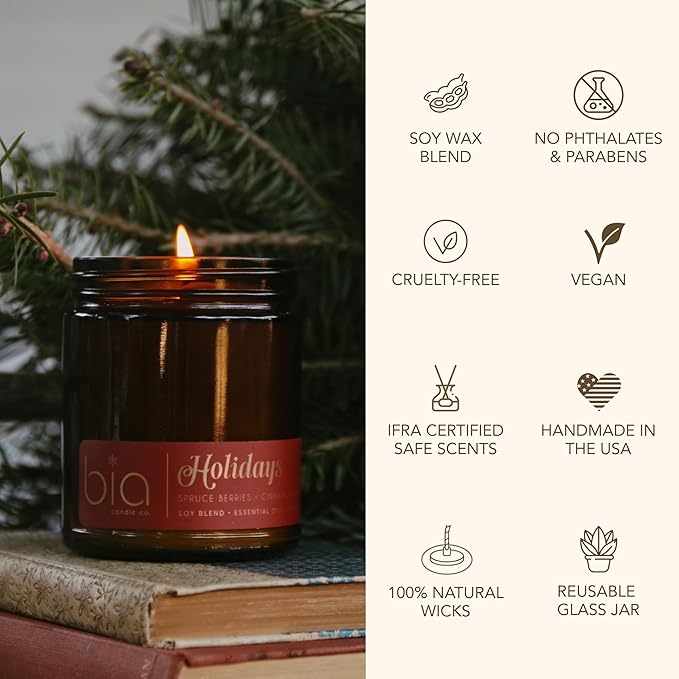 Bia Candle Co Soy Blend Candle, Spruce Berries & Sweet Orange Peel with Cinnamon, Clove & Nutmeg Over Pine & Vanilla – Clean Burn, Lead-Free Cotton Wick – Holidays, 7 oz