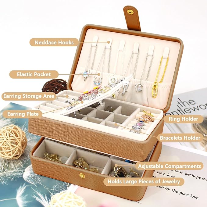 KOOAAICCHI Small Jewelry Box, Travel Jewelry Organizer, Portable Jewelry boxes for Women Girls Gift, Double Layers PU Leather Jewelry Holder for Rings, Earrings, Necklaces-Brown