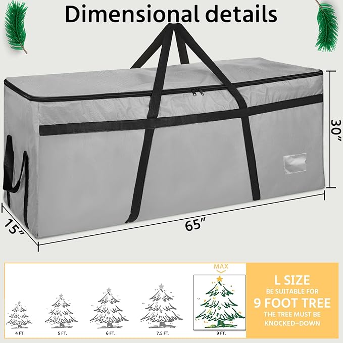 9 ft Christmas Tree Storage Bag, Heavy Duty Christmas Tree Bag with Reinforced Handles and Dual Zippers Wide Opening, Large Capacity fits for Artificial Christmas Tree (Grey, 9 ft)
