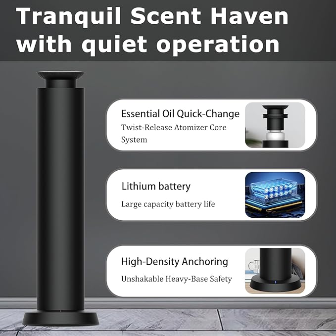 Wirless Rechargeable Waterless Scent Diffuser Kit, Includes 5 Premium Oils, 2000 Sq.Ft Coverage,Hotel Scent Diffuser for Home, Studio, Cordless Essential Oil Diffuser Large Room, APP Control - Black