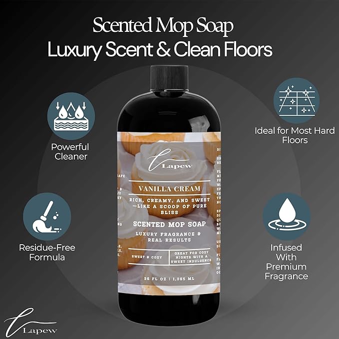 Lapew Vanilla Cream Scented Mop Soap Concentrate 36 oz | Premium Fragranced Floor Cleaner | Streak-Free | Hard Floor Cleaning Solution | Eco Friendly | Made in USA
