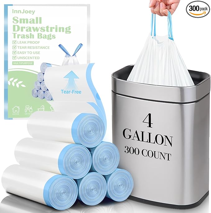 300 Count Small Trash Bags for 4-Gallon (15 L) Trash Cans, Thick Pre-separated Garbage Bags, Mini Wastebasket can Liners for Bathroom Bedroom Office(White)