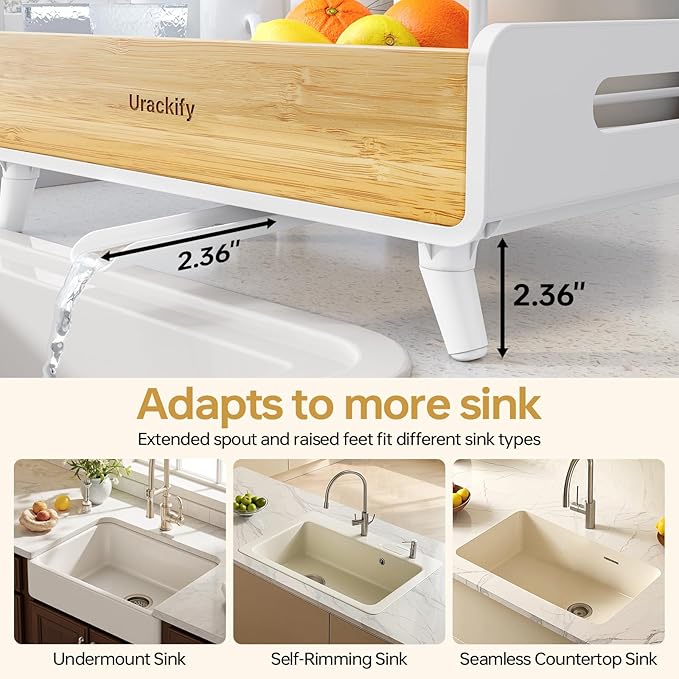 Urackify 2-Tier Dish Drying Rack – Large Capacity Dish Rack with Stainless Steel and Bamboo, Dish Drainers for Kitchen Counter, Drying Rack Kitchen with Utensil Holder and Drainboard, White