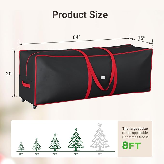 ELYKEN Christmas Tree Storage Bag with Wheels, Rolling Storage Bag for Artificial Christmas Tree and Decorations, Heavy Duty 600D Oxford Fabric, Length-Adjustable Handles, 16x20x64in, Black