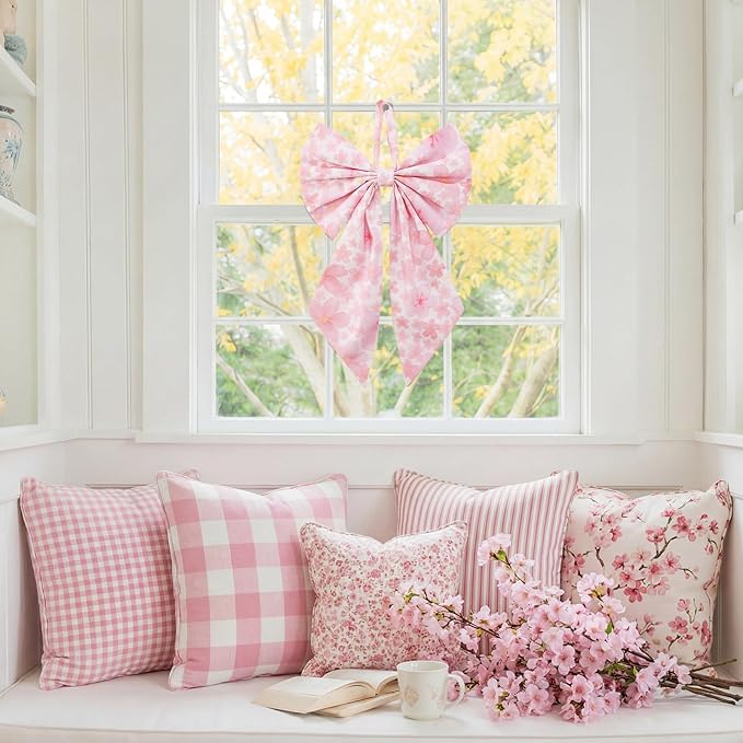 2 Pcs Spring Cherry Blossoms Wreath Bows 19.6'' x 11.8'' Large Tree Topper Pink Ornament Rustic Burlap Wreath Sash for Front Door Spring Party Yard Doorway Indoor Outdoor Wall Decor
