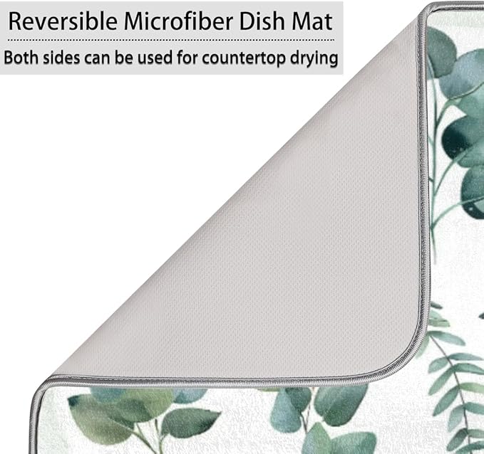 Hexteria Dish Drying Mat for Kitchen Counter Dish Mat Pad Absorbent Microfiber Kitchen Drying Mat Dish Drainer Rack Mat, 18x24 Inch, Eucalyptus Leaves