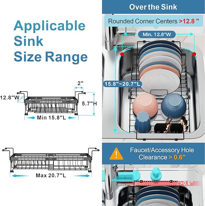 iSPECLE Expandable Dish Drying Rack with Silicone Mat for Large Kitchen Sink or On Counter, Rust Resistant Adjustable Over The Sink Dish Drainer with Tightening Knob, 12.8" W x 15.8"-20.7" L, Black