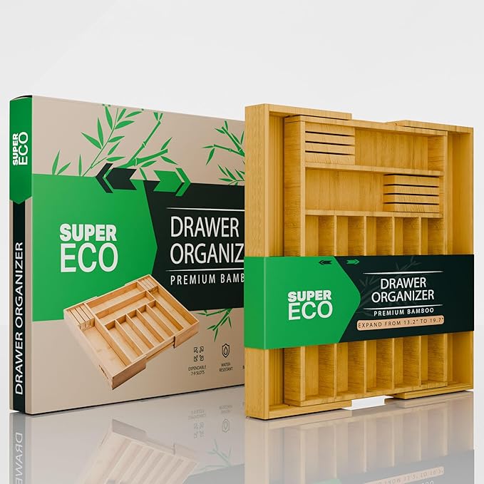 SUPER ECO Bamboo Kitchen Drawer Organizer - Bamboo Expandable Drawer Organizer Utensil Holder & Cutlery Tray - Adjustable Wood Drawer Dividers Organizer for Silverware, Flatware, Knives (9 Slot)
