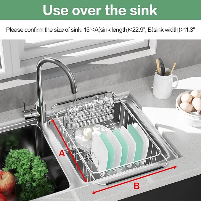 SwetLao Large Sink Dish Drying Rack, Expandable 304 Stainless Steel Metal Dish Drainer Rack Organizer Shelves with Stainless Steel Utensil Holder Over Inside Sink, Rustproof