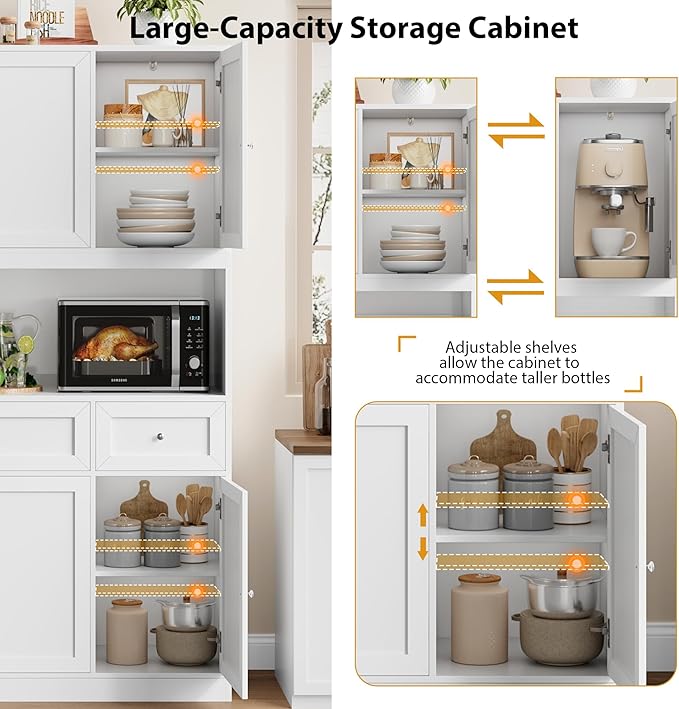 72" Kitchen Pantry Cabinet, Kitchen Hutch with Microwave Stand, Buffet Cabinet with Hutch for Dining Room, White