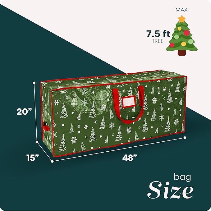 Christmas Tree Storage Bag - Stores 7.5 Foot Artificial Xmas Holiday Tree, Durable Waterproof Material, Zippered Bag, Carry Handles - Protects Against Dust, Insects & Moisture (Green Printed)