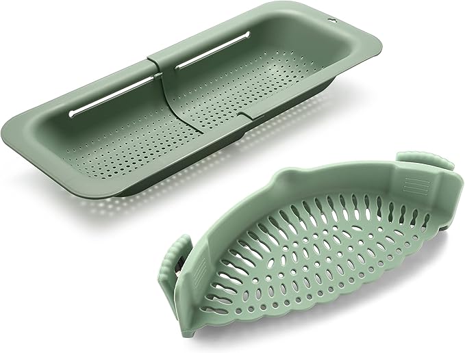 Adjustable Over the Sink Colander Strainer, Silicone Clip On Strainer for Pots Strainers and Plastic Colanders Drainer Basket for Food Pasta Vegetables Kitchen, Extendable 14.5"-19.5", Green
