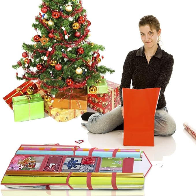 ProPik Hanging Double Sided Wrapping Paper Storage Organizer With Multiple Pockets Organize Your Gift Wrap, Gift Bags Bows Ribbons 40"X17" Fits 40 Inch Rolls Clear PVC Bag (Red)