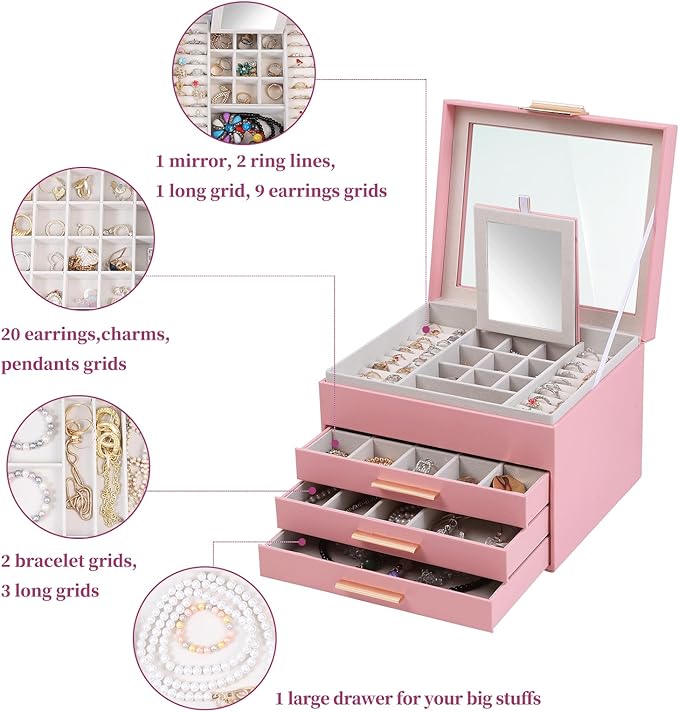 BOOVO Clear Lid Jewelry Box,4 Layers Jewelry Organizer Large Jewelry Storage Box with 3 Drawers,Jewelry Holder Organzier of Rings Earrings Necklace Bracelets for Women (Pink, 4 Layer)