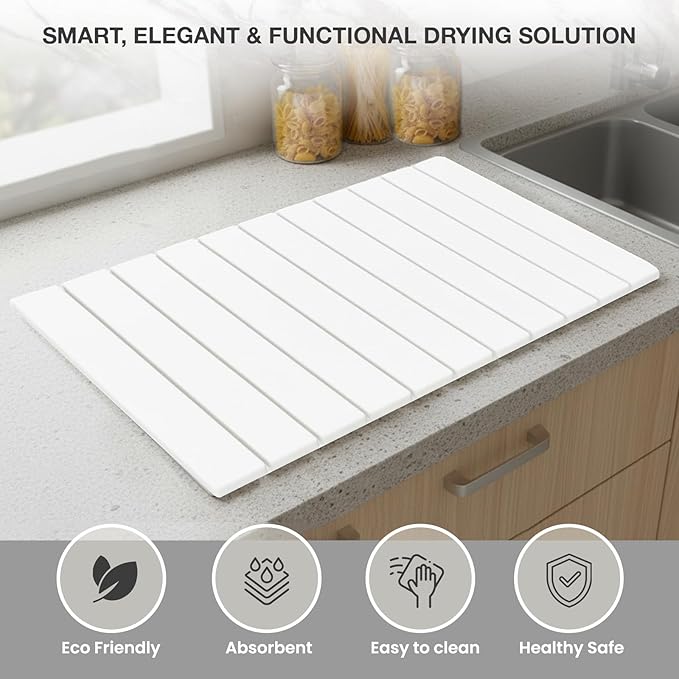 Large Stone Dish Drying Mat for Kitchen Counter, 24"x16", Fast Drying Collapsible, Diatomaceous Earth Mat, Super Absorbent Folding Mat for Dishes, Bottles, Glass, Heat-Resistant, Non-Slip (White)