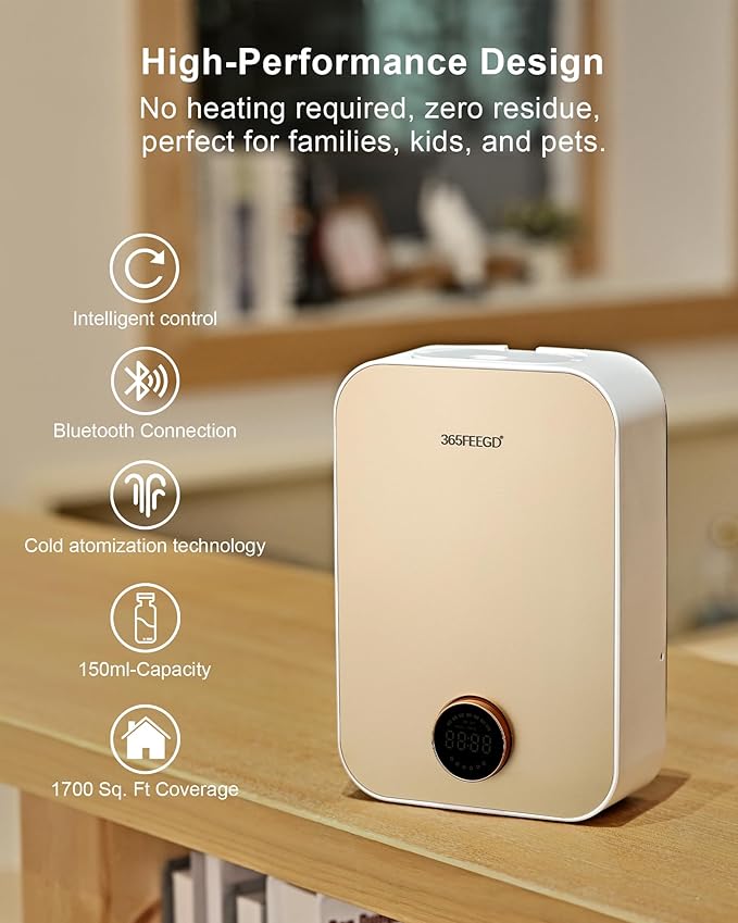 Home Diffuser|150ml Large Capacity Essential Oil Diffuser|Smart Bluetooth Controlled Pure Essential Oil Diffuser|24/7 Customizable Settings (White Gold)