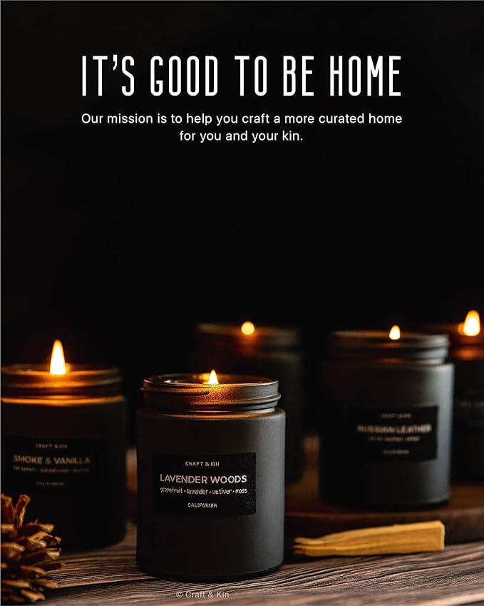 Craft & Kin Premium Pine & Clove Candle | Black Scented Candles for Home | Long Lasting with 45 Hour Burn Time, 7.6oz | Soy Candles | Aromatherapy at Home