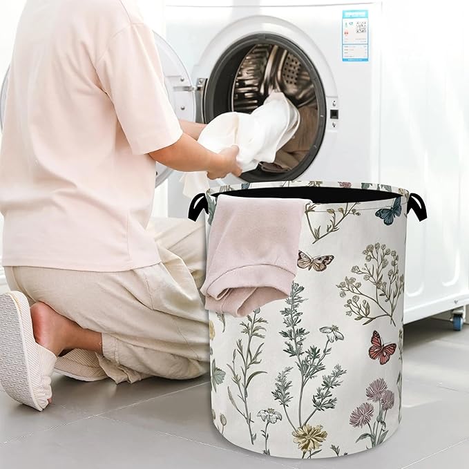 Wildflowers Butterfly Laundry Basket,Herb Plants Oxford Cloth Laundry Hamper with Handle Foldable Portable Clothes Storage Basket for Bathroom Bedroom Dorm Room 16" x 20.8"