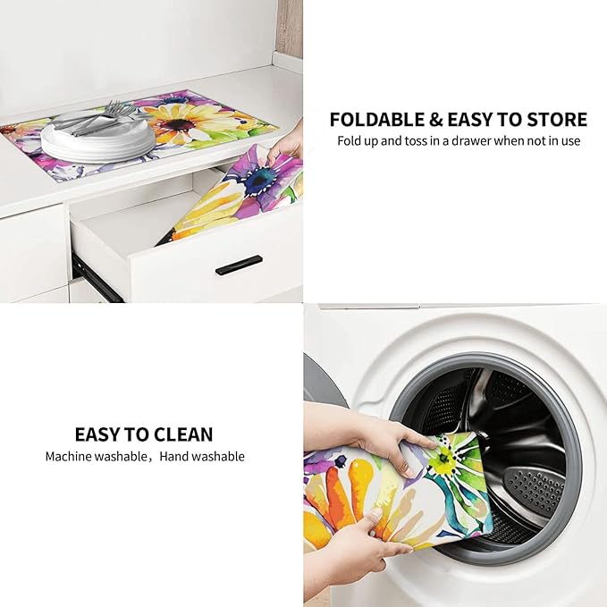 Absorbent Dish Drying Mat For Kitchen Counter, Colorful Flowers Microfiber Dish Drying Pad, Kitchen Gadgets For Easy Clean Multi-Use