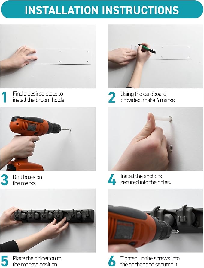 Mop and Broom Holder Wall Mount - Garage Storage Organizer with 5 Slots, 6 Hooks, 7.5lbs Capacity Per Slot - Home, Kitchen, Closet, Garden Tools, Laundry Room Organization – Black Broom Hanger