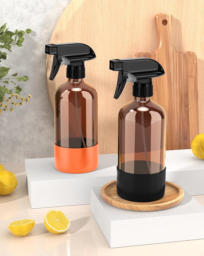 Bontip Glass Spray Bottle with Silicone Sleeve Protection, Amber Glass Spray Bottle Set for Window Cleaner Aromatherapy Facial Hydration Watering Flowers Hair Care 2 Pack/16 oz (Black & Orange, 16 oz)