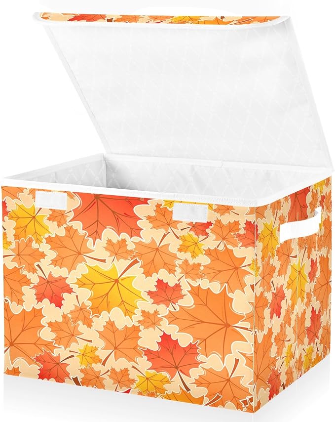 Bolaz Storage Bins with Lids and Handles, Autumn Maple Leaf Yellow Fallen Leaves Storage Box Storage Basket with Cover Collapsible Organizer Containers for Home Closet, Shelves