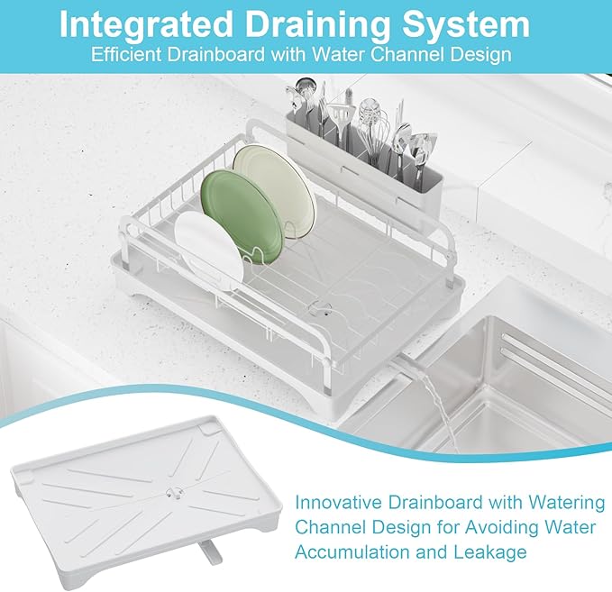 HOMEBOSILY Dish Drying Rack for Kitchen Counter - Large Capacity Dish Drying Rack with Drainboard, Kitchen Sink Dish Rack, Countertop Dish Drainer Rack with Cutlery Holders Dish Dryer Rack White