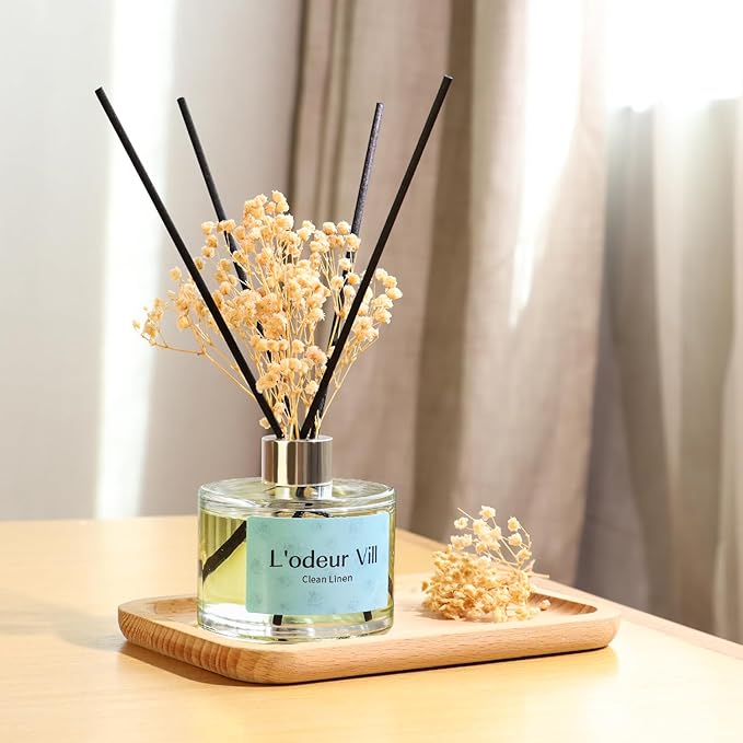 L'odeur Vill Reed Diffuser Set, 6.7 oz(200ml) Clean Linen Scented Diffuser with 6 Oil Diffuser Sticks, Home Fragrance Essential Oil Reed Diffuser for Home Large Rooms Bathroom Shelf Decor