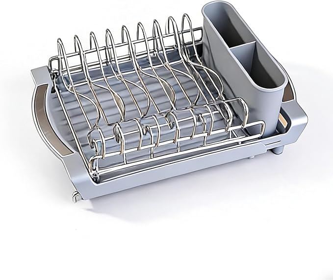 Dish Drying Rack Compact Expandable - A Space-Saving, Stainless Steel, Rust-Resistant Dish Drainer for Kitchen and Apartment Countertops/Sink Cabinets, Extendable from 11.42 to 19.9 inches (Gray)