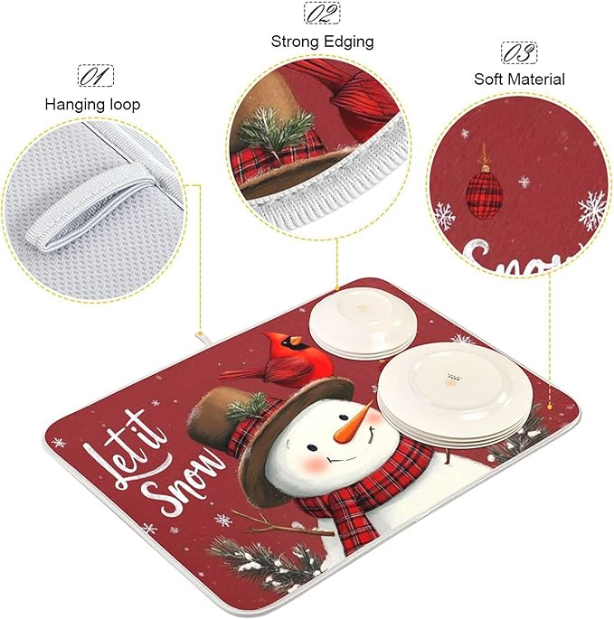 Winter Snowman Let it Snow Dish Drying Mat for Kitchen Countertop 16x18 Christmas Red Birds Snowflake Xmas Small Drying Mat Reusable Quick Dry Dish Sink Mats Easy Clean Decorative Essentials