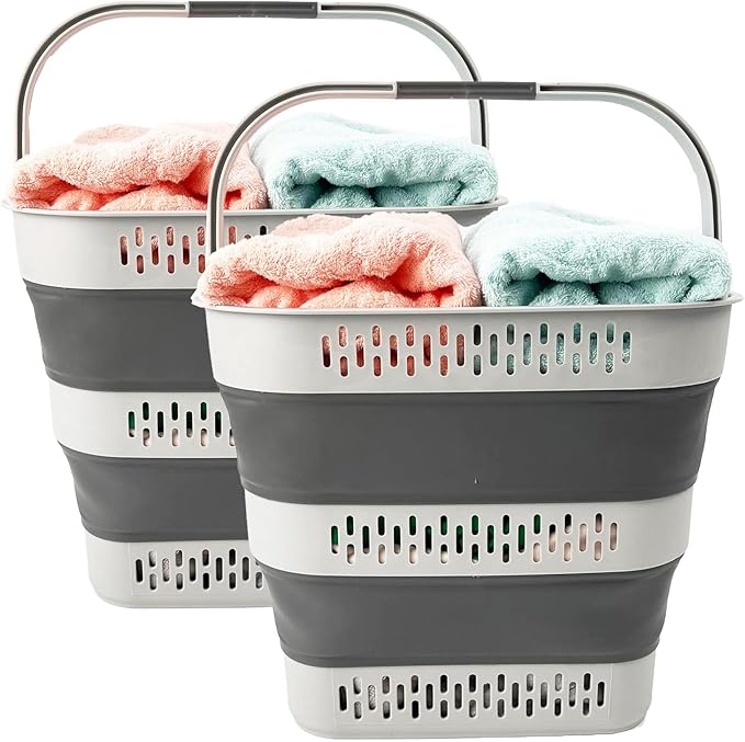 SAMMART 38L(10 Gal) Collapsible Laundry Basket - Foldable Pop-Up Storage Container/Organizer-Portable Space Saving Hamper, Measure 17.5x13.3x15.7"/3.8" Expanded/Collapsed (2, Grey)