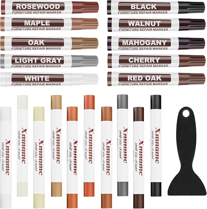Wood Filler Sticks Set of 21 - Furniture Repair Kit for Scratches, Cracks, Nail Holes and Scuffs, Wood Wax Crayons Furniture Markers for Repairing Furniture, Floors, Tables, Cabinets, Doors and Desks