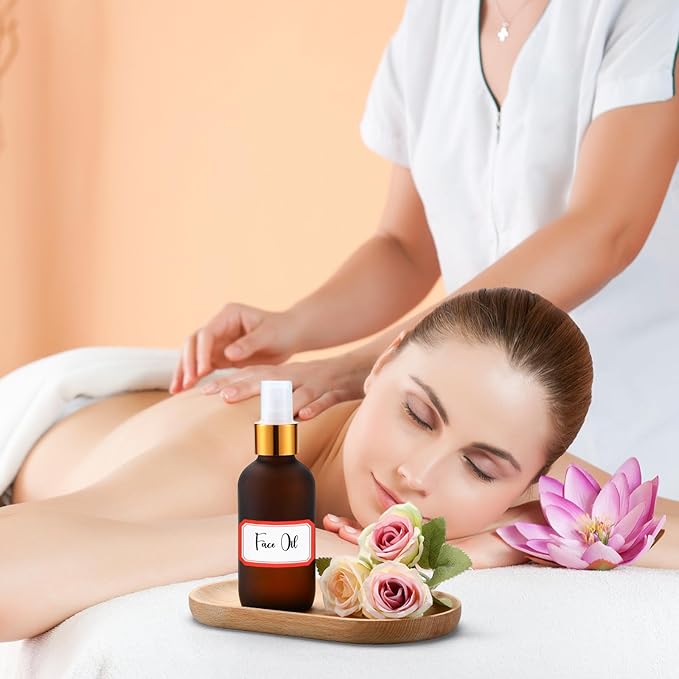 Fumete 36 Pcs Glass Spray Bottles 4oz Fine Mist Glass Spray Bottle Refillable Liquid Containers with 6 Labels 6 Funnel for Hair Travel Plants Cleaning Solutions Skin Care(Amber,Frosted)