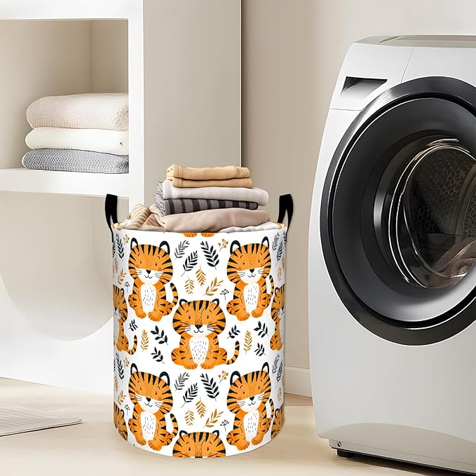 Cheerful Tiger with Leaf Laundry Basket with Handles, 19.7"x15.7" Clothes Foldable Cute Tigers Cartoon Animal Laundry Hamper Organizer for Dorm Nursery Bedroom Bathroom Decor, Toy Storage Bin for Kids