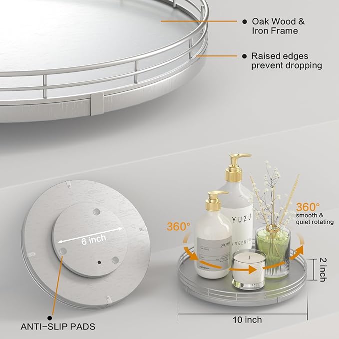 10" Silver Lazy Susan for Table Top, Oak Wood Lazy Susan Turntable Organizer for Dining Coffee Table Centerpiece Bar Decor Kitchen Countertop Bathroom Vanity Decorative Tray for Perfume Jewelry Round