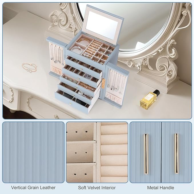 Dajasan Large Jewelry Organizer Box with Mirror, Jewelry Storage Organizer with 5 Drawers, 6-Tier Jewelry Gift Box for Women, Girls, Friends, Wife or Mother, Gift Idea (Smoky Blue)