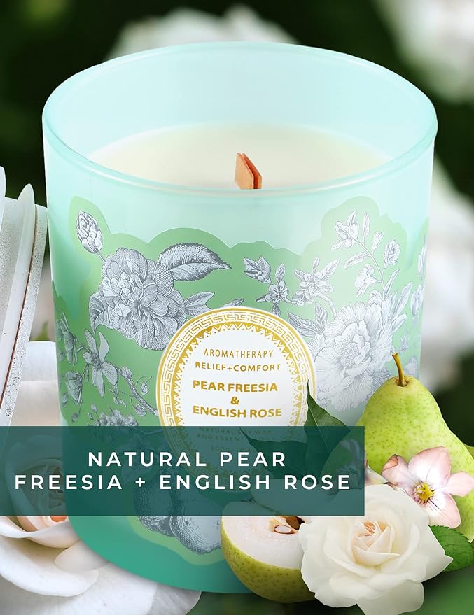 Large Scented Candle 10oz | Fresh Pear Freesia & Rose Soy Candle | Decorative Green Jar Wood Wick Candle Long Lasting | Aromatherapy Gift for Women & Men