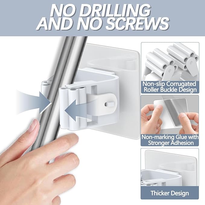 3-H 24-Pack Self Adhesive Broom Holder Wall Mount - Heavy Duty No Drill Broom Organizer for Garage Closet Kitchen, Plastic Storage Rack for Brooms Mops Tools, Peel and Stick Adhesive, White