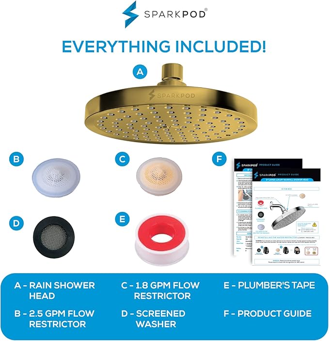 SparkPod Shower Head - High Pressure Rain - Premium Quality Luxury Design - 1-Min Install - Easy Clean Adjustable Replacement for Your Bathroom Shower Heads (Egyptian Gold, 8 Inch Round)