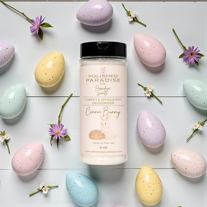 Polished Paradise Co Paradise Scents Cinnamon Bun Carpet and Upholstery Deodorizer, Easter Holiday Scent Powder for Rugs and Textiles, 16 Oz (CinnaBunny)