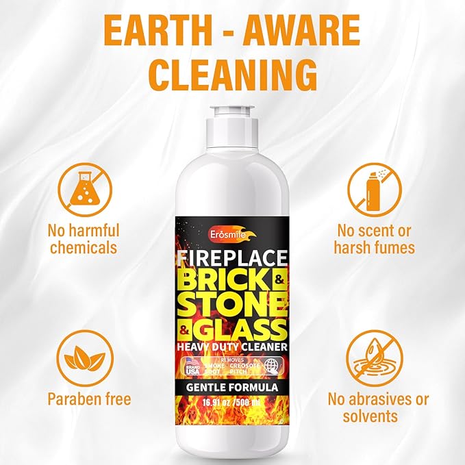 Fireplace Cleaning Set Fireplace Soot Remover with Scrub Brush for Brick, Stone, Rock, Tile, and Marble – Nonabrasive Brick Cleaner, Gentle Formula for Bricks & Glass Indoor and Outdoor -16.91 oz