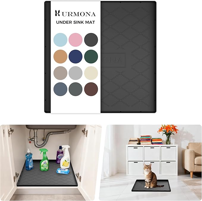 URMONA Under Sink Mat for Kitchen Waterproof, 19" x 19" Silicone Under Sink Mat for Shelf Liner Organizer, Cabinet Sink Protector Under Sink Liner for Bottom Kitchen, Bathroom(Black)