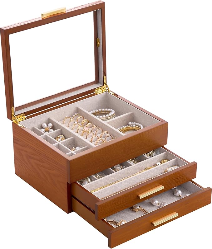 Lolalet Jewelry Box, Clear Window Wood Grain Jewelry Storage for Earrings Bracelets Necklaces Rings, High Capacity Organizer for Women -Cherrywood, 3 Layers