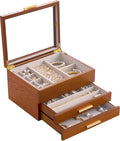Lolalet Jewelry Box, Clear Window Wood Grain Jewelry Storage for Earrings Bracelets Necklaces Rings, High Capacity Organizer for Women -Cherrywood, 3 Layers